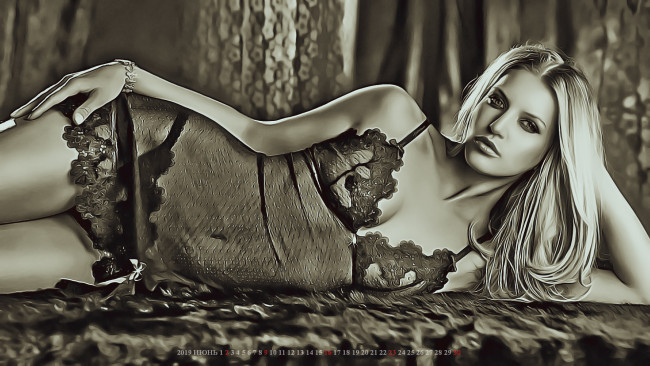 Обои картинки фото календари, компьютерный дизайн, 2019, женщина, calendar, лежать, взгляд, девушка
