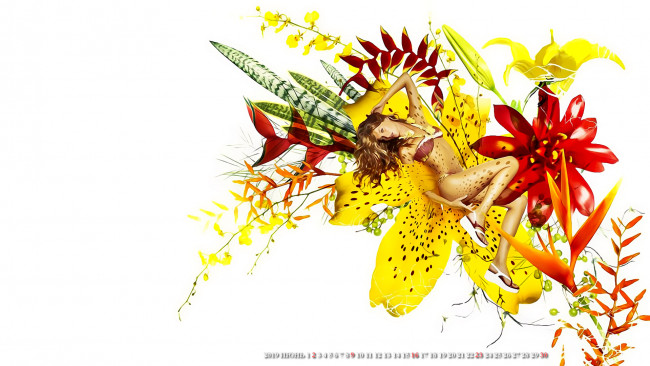 Обои картинки фото календари, рисованные,  векторная графика, 2019, calendar, женщина, цветы, девушка