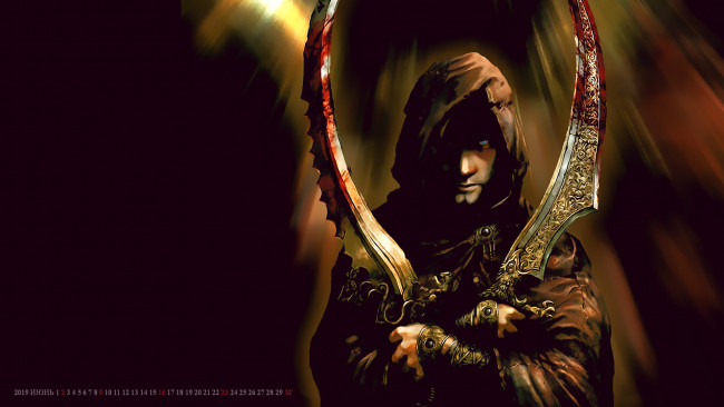 Обои картинки фото календари, видеоигры, 2019, calendar, взгляд, кровь, оружие, капюшон, мужчина