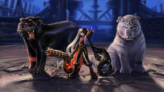 Обои картинки фото аниме, животные,  существа, девушка, фон, пулемет, пантера, тигр, взгляд