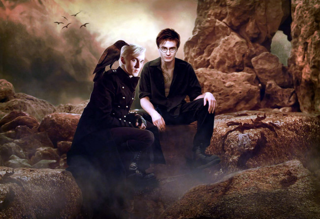 Обои картинки фото рисованное, кино,  мультфильмы, драко, малфой, гарри, поттер, ворон, скалы