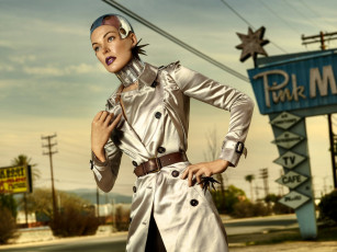 Картинка девушки milla+jovovich плащ город дорога