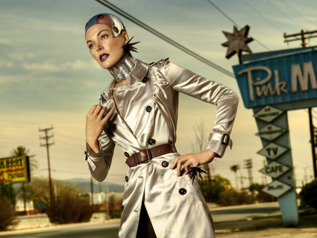 Обои картинки фото девушки, milla jovovich, плащ, город, дорога