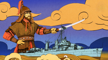 обоя видео игры, world of warships, корабль, море, облака, воин, оружие