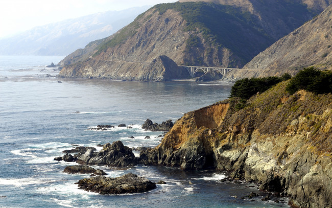 Обои картинки фото природа, побережье, мост, горы, море