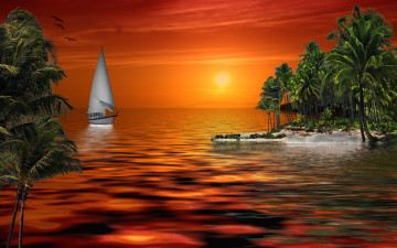 Картинка heading in 3д графика sea undersea море яхта пальмы океан