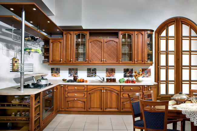 Обои картинки фото интерьер, кухня, стулья, стол, овощи, мебель