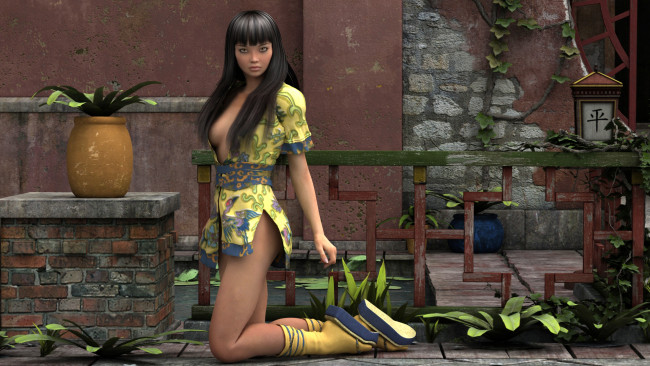 Обои картинки фото 3д, графика, people, люди, девушка, ваза, кимоно