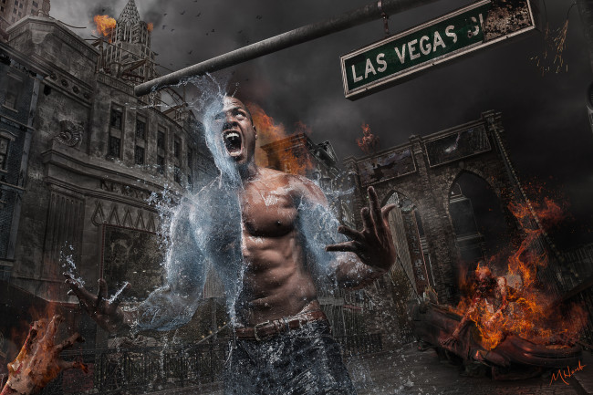 Обои картинки фото разное, компьютерный, дизайн, парень, вода, огонь, метаморфоз