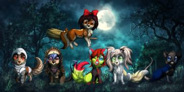 Картинка рисованные животные +сказочные +мифические разные много щенки природа ночь