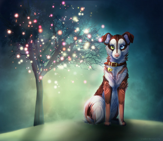 Обои картинки фото рисованные, животные,  собаки, дерево, природа, зверь