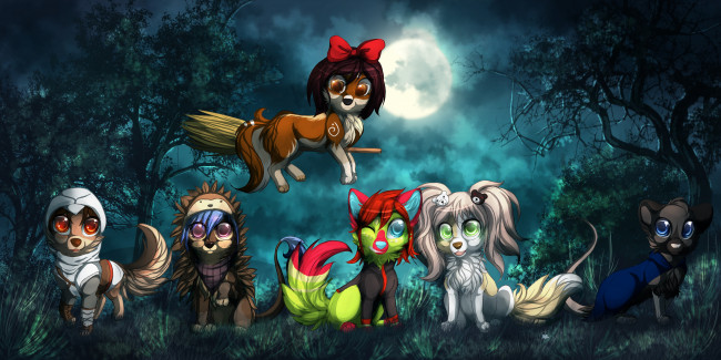Обои картинки фото рисованные, животные,  сказочные,  мифические, разные, много, щенки, природа, ночь