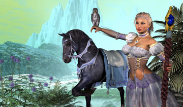 Картинка 3д+графика люди+ people лошадь фон сова взгляд девушка