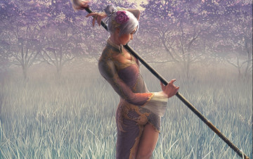 Картинка видео+игры dynasty+warriors дымка деревья арт трава платье оружие копье пион девушка dynasty warriors reishin