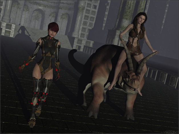 Обои картинки фото 3д графика, фантазия , fantasy, существо, фон, взгляд, девушки