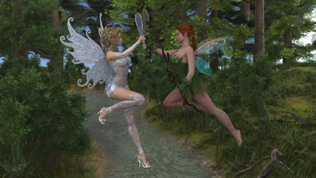 Обои картинки фото 3д графика, эльфы , elves, река, лес, оружие, фон, взгляд, феи