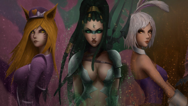 Обои картинки фото видео игры, league of legends, фон, взгляд, девушки, ahri, nidalee, riven