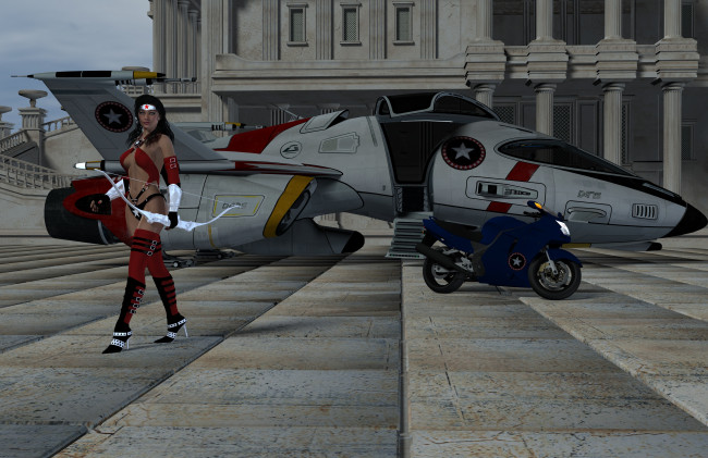 Обои картинки фото 3д графика, фантазия , fantasy, лук, супермен, фон, взгляд, девушка, самолет