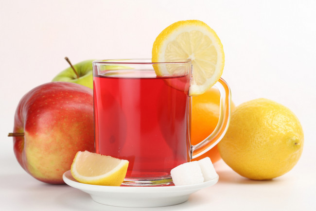 Обои картинки фото еда, напитки,  Чай, лимон, яблоко, сахар, фрукты, чашка, чай