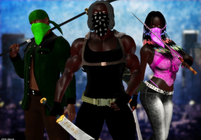 Обои картинки фото 3д графика, фантазия , fantasy, девушка, оружие, мужчины, фон, взгляд