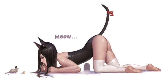 Обои картинки фото аниме, животные,  существа, девушка, мышь, арт, кошка, сыр