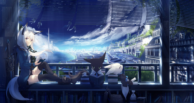 Обои картинки фото аниме, животные,  существа, коты, город, девушка