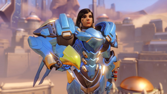 Обои картинки фото видео игры, overwatch, фон, взгляд, девушка