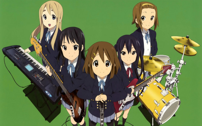 Обои картинки фото аниме, k-on, девушки, взгляд, фон