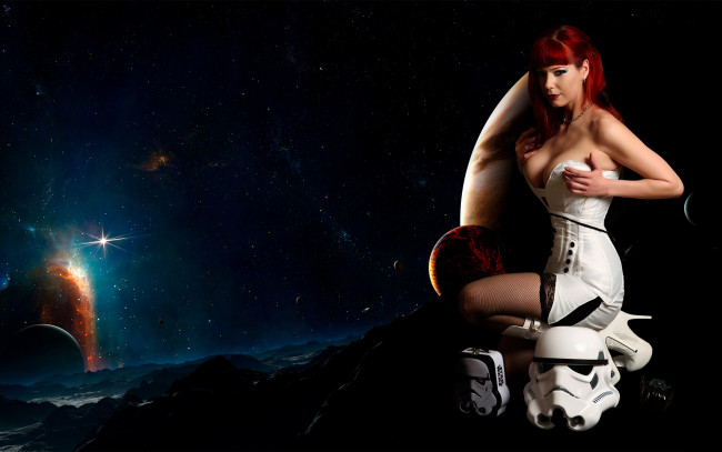 Обои картинки фото разное, компьютерный дизайн, фон, планета, космос, девушка, взгляд