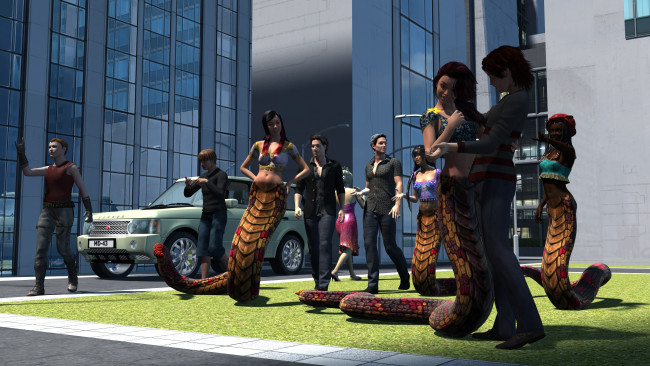 Обои картинки фото 3д графика, существа , creatures, девушки, взгляд, фон, naga