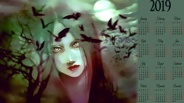 Картинка календари фэнтези птица девушка лицо взгляд образ силуэт calendar 2019