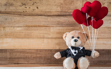 обоя праздничные, мягкие игрушки, сердечки, медведь