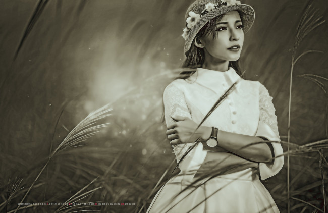 Обои картинки фото календари, компьютерный дизайн, женщина, растение, девушка, шляпа, азиатка, 2019, calendar