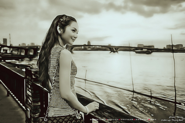 Обои картинки фото календари, компьютерный дизайн, 2019, calendar, мост, женщина, улыбка, девушка, водоем