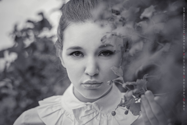 Обои картинки фото календари, компьютерный дизайн, лицо, девушка, 2019, calendar, ветка, листья, взгляд