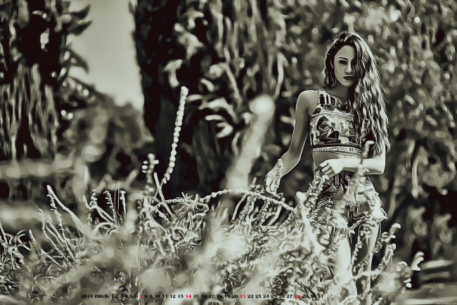 Обои картинки фото календари, компьютерный дизайн, природа, 2019, calendar, поза, женщина, растение, взгляд, девушка