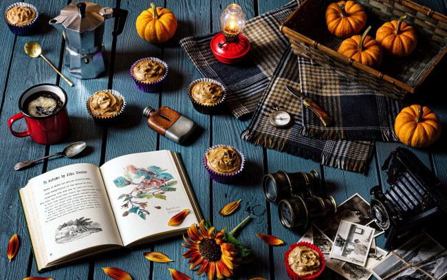 Обои картинки фото еда, натюрморт, кофе, кексы, тыквы, книга, фотокамера, бинокль