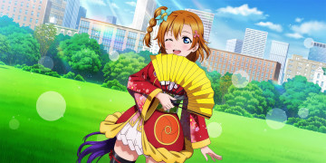 обоя аниме, love live,  school idol project, девушка, веер, здания