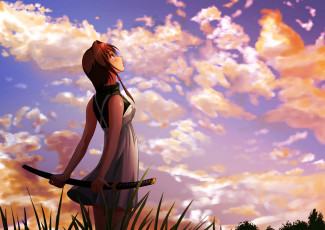 обоя аниме, оружие,  техника,  технологии, девочка, меч, облака