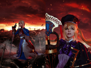 Картинка девушки mari+aisu образ косплей костюм наряд искры оружие зарево поле боя