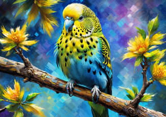 обоя рисованное, животные,  птицы,  попугаи, попугай, волнистый, птица, ветка