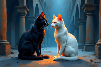 обоя рисованное, животные,  коты, кошки, пара, колонны, храм