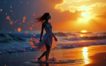 обоя разное, компьютерный дизайн, девушка, платье, море, закат, брызги