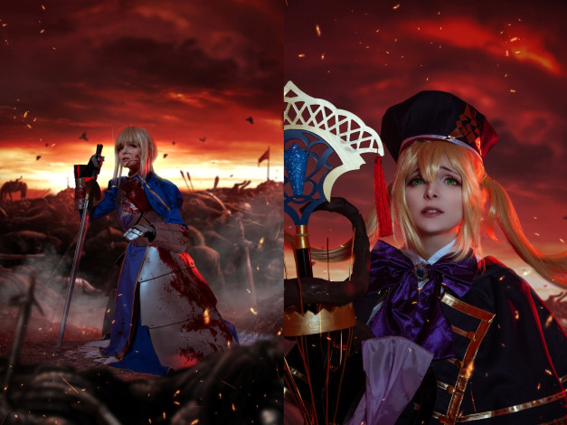 Обои картинки фото девушки, mari aisu, образ, косплей, костюм, наряд, искры, оружие, зарево, поле, боя