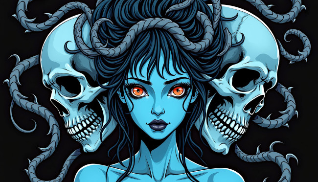 Обои картинки фото фэнтези, нежить, девушка, лицо, черепа