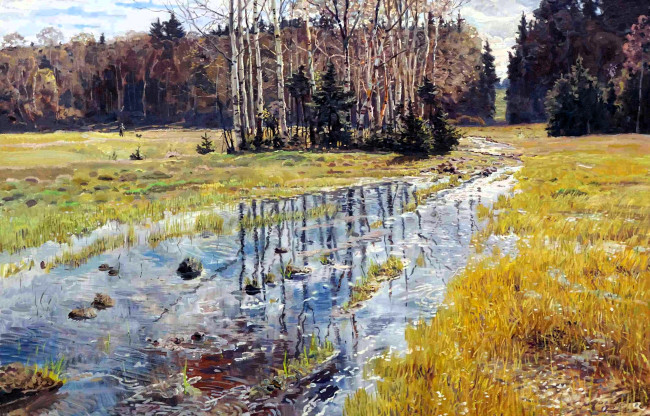 Обои картинки фото весна, рисованное, павел рыженко, природа, лес, деревья, ручей, трава