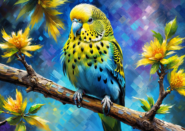 Обои картинки фото рисованное, животные,  птицы,  попугаи, попугай, волнистый, птица, ветка