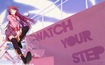 Картинка аниме bakemonogatari senjougahara+hitagi девушка форма инструменты степлер ножницы карандаш ручка лестница небо облака ограждение надпись