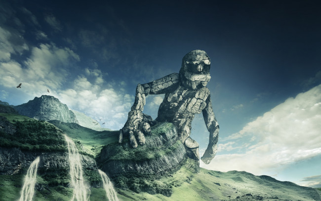 Обои картинки фото разное, компьютерный, дизайн, облака, скала, водопад