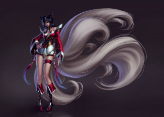 Картинка league+of+legends фэнтези существа хвосты ушки улыбка взгляд ahri девушка art league of legends фон лисица